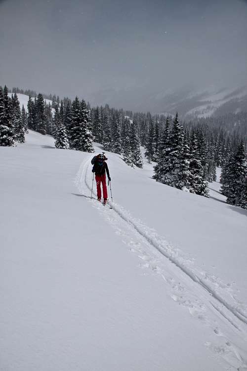 Skinning up below Trico Peak