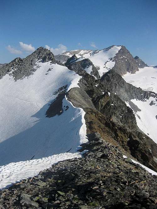Looking south from Pollesfernerkopf (3015m) along the ridge to the nearby Nördlicher Polleskogel (3035m)