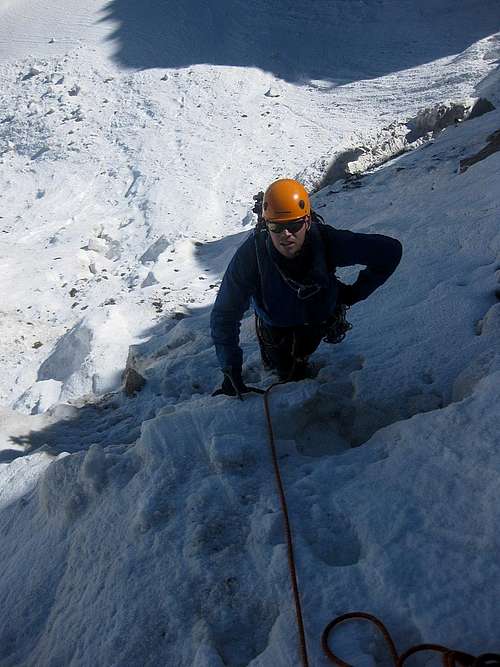 Jeroen watching me climb from the base of the icefall