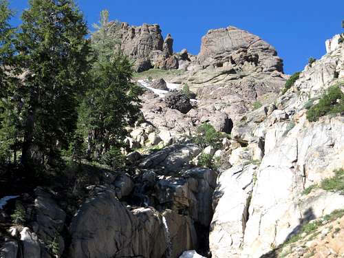 Rocks and waterfall above the PCT