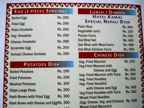 Sample food Menu-2011 in Namche Bazar