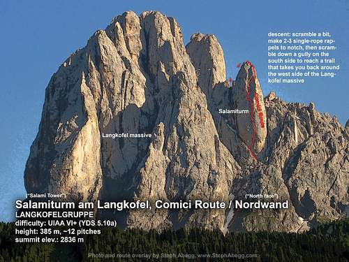 Route overlay for Salamiturm, Comici Route (Dolomites)