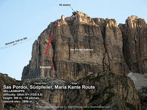 Route overlay for Sas Pordoi, Maria Kante Route (Dolomites)