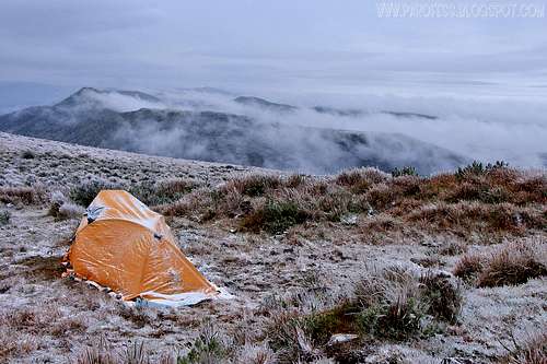 My tent and the snowy Morro das Torres