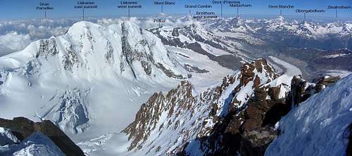 Annotated Dufourspitze summit panorama to the west