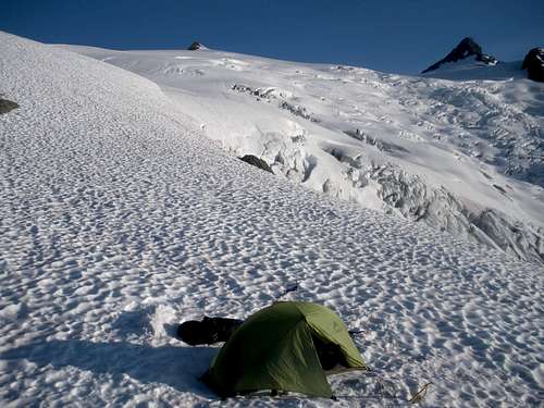 Camping on snow at the lower bivy site
