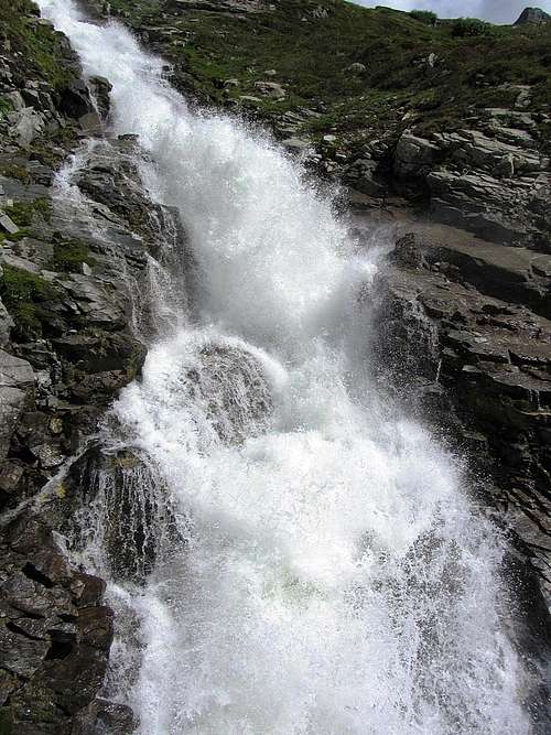 A waterfall tumbling down the northwest side of Hohes Rad