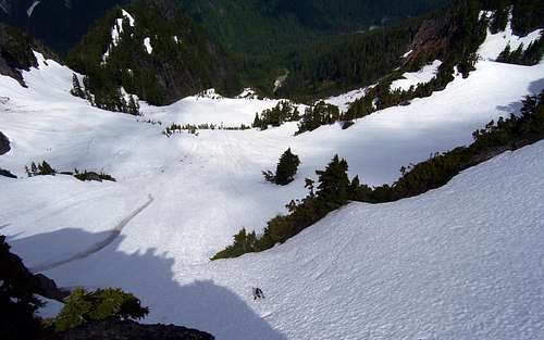 Last steep snow scramble as seen from Jumbo Mountain summit