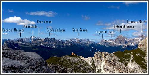 Dolomites labelled view from Torre dei Sabbioni