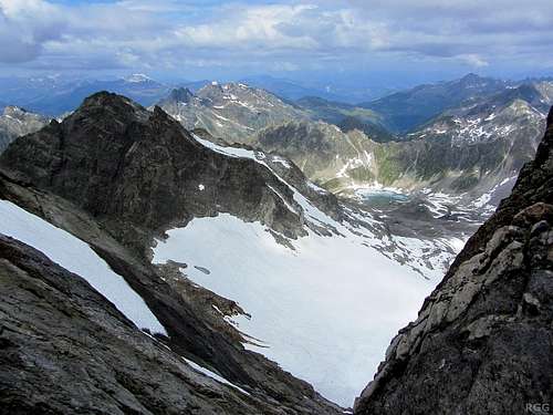 View from the flanks of Gross Seehorn, with Chlein Seehorn left, and the Schottensee deep down below