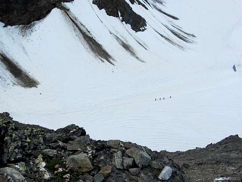A group of descending climbers is already back on the Ochsentaler Gletscher