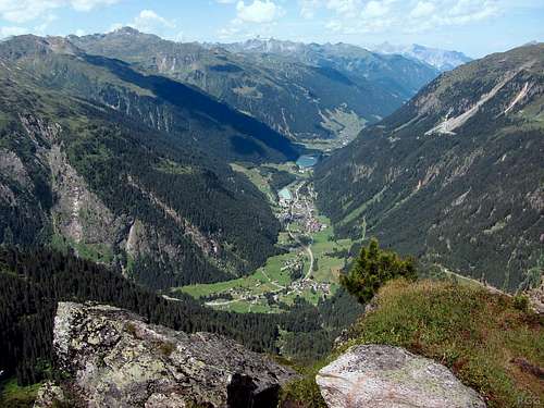 Looking down from the Breitspitze on the village of Partenen, more than 1000 m below