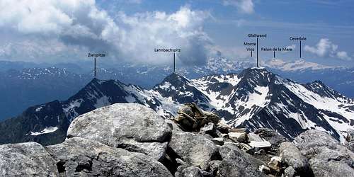 Annotated Lodner summit view towards the Gfallwand and beyond to the distant Ortler group