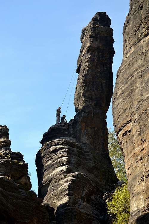 Ready to climb a slender sandstone pillar