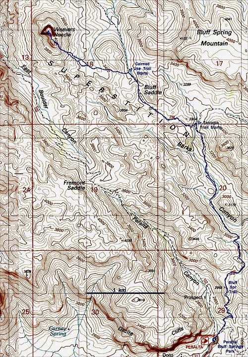 Map for Weaver's Needle Eastern Route