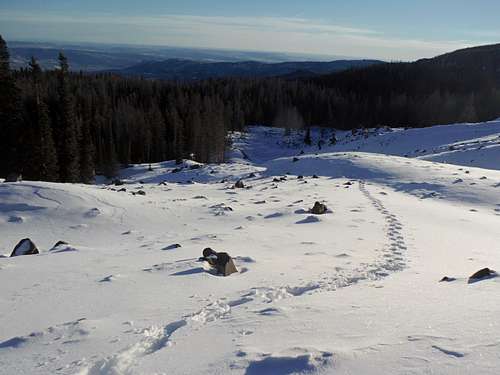 Heading up the partial covered talus field