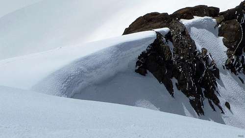 A closer view of a cornice on the Blinnenhorn summit ridge