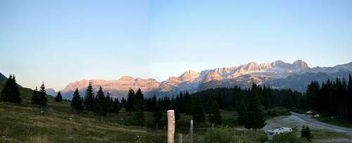 Alpenglow panorama of the Mt. Kanin group - and my trailhead camp