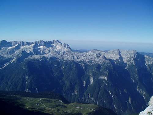 View back down on Malga Montasio with the karst plateau of Mt. Kanin on the other side of the valley