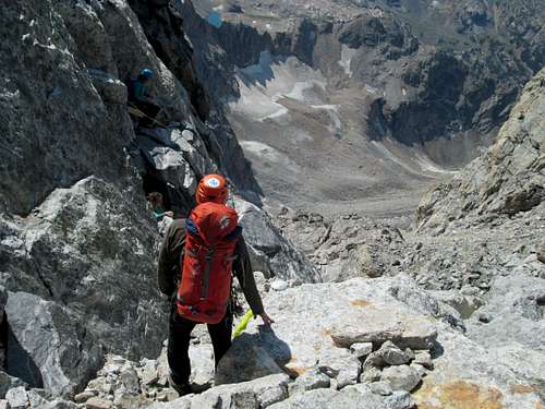 Looking down the Owen Spaulding route(of the Grand Teton), just before the big rappel on the descent.