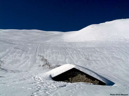 The Schiaffino shelter almost buried by the snow