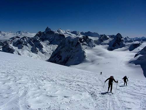 Ski mountaineers on the upper slopes of Pigne d'Arolla