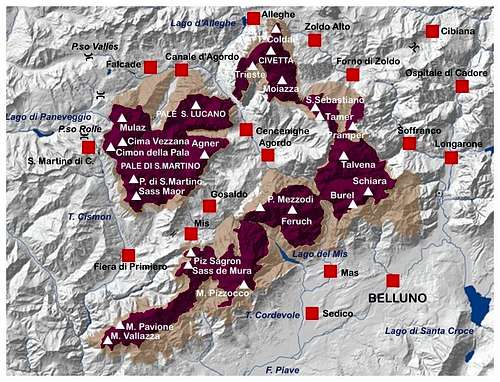 Pale di San Martino, Pale di San Lucano, Dolomiti Bellunesi, Vette Feltrine map