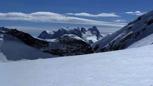 Distant view of Mont Collon and L'Eveque from the NNW, from Glacier de Vouasson