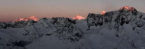Alpenglow on Bishorn and Weisshorn, Grand Cornier, Dent Blanche and Dent de Perroc