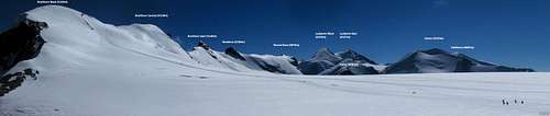 Annotated panorama from the Breithorn Plateau to the east