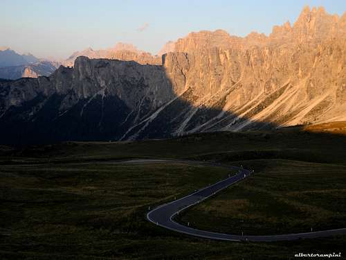 The road to Passo Giau in a summer sunset