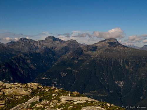 Torrent Basso (2820m), Torrone Alto (2952m) and Pizzo di Claro (2727m) as seen from Gaggio (2267m)