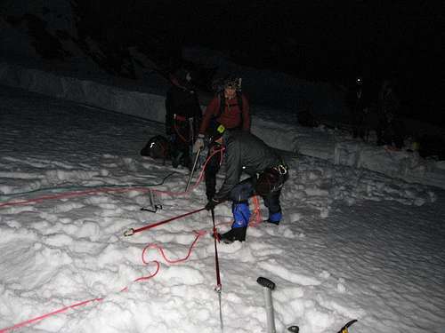 Setting up a crevasse rescue on Baker