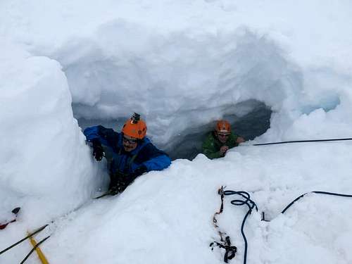 Students get lowered into a crevasse