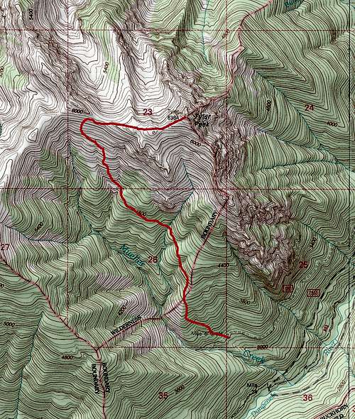 Map of the direct route up Tyler Peak