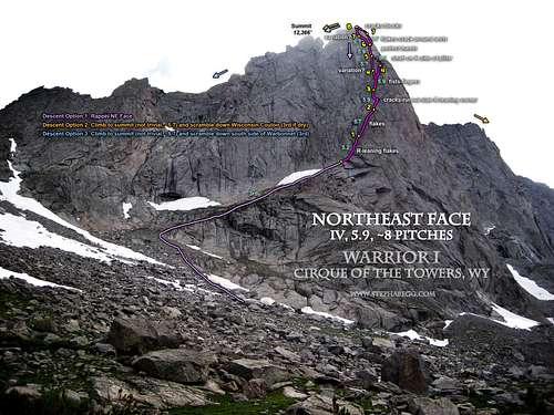 Warrior, Northeast Face (Route Overlay)