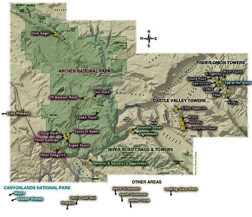 Map of Moab Desert Tower Climbs