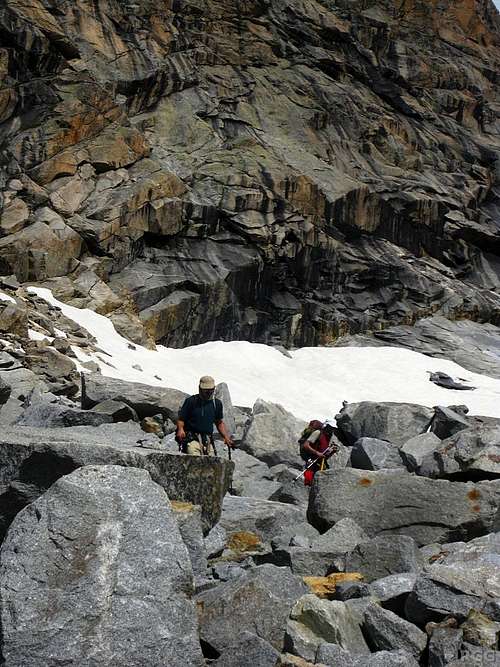 After descending the Grenzgletscher, Gimpilator and Andy tackle the talus to get to the Monte Rosa hut