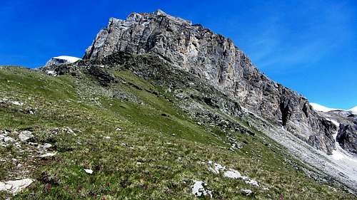 The sheer rock wall east by southeast of the Turtmannhütte