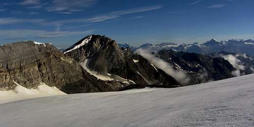 Panorama of Schöllihorn (3500m) and Barrhorn (3610m) from the Abberg Glacier above the Bruneggjoch