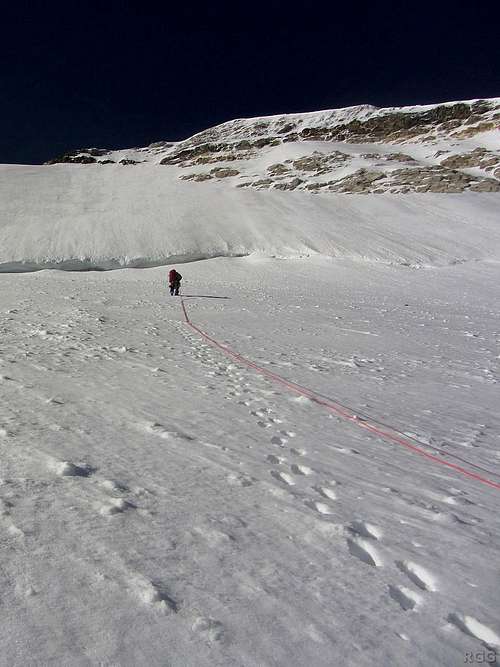 Jan approaching the bergschrund on the Brunegghorn north face