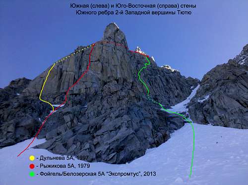 „Expromtus“ south-east face of south ridge of 2d West summit of Tyutyu 4420m