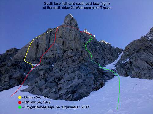 „Expromtus“ south-east face of south ridge, TD 635m max 6a, A2 (5m)