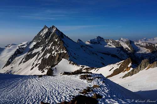 Portjengrat (11995 ft / 3656 m) as seen from the SE-ridge of Weissmies (13198 ft / 4023 m).