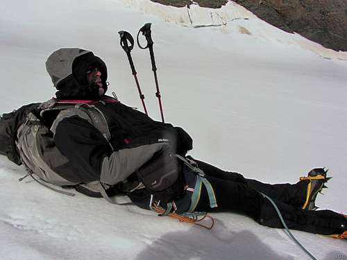 Mark, in pain, resting a bit on the Allalin Glacier