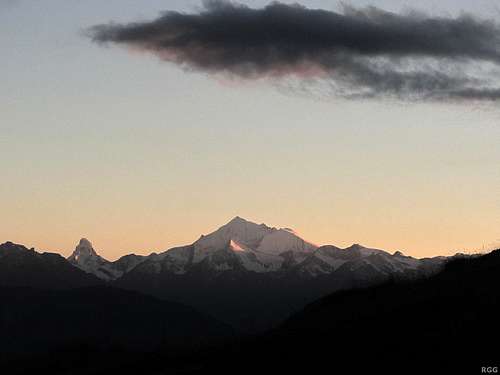 Matterhorn (4478m) and Weisshorn (4506m) at dusk