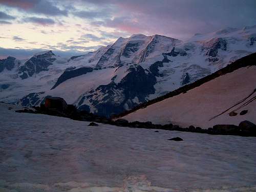 Piz Palù seen from the little glacier Boval Dadains before sunset