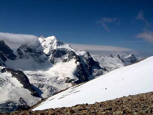 A giant of Bernina: Piz Roseg seen from Tschierva summit