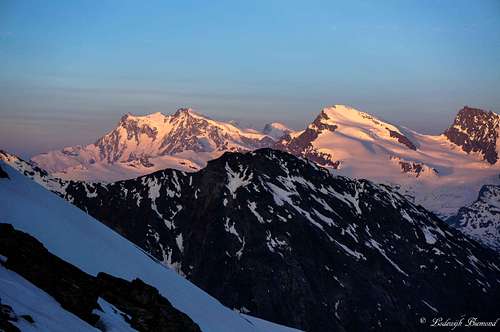Alpenglow on Monte Rosa (15203 ft / 4634 m) and Strahlhorn (13747 ft /)