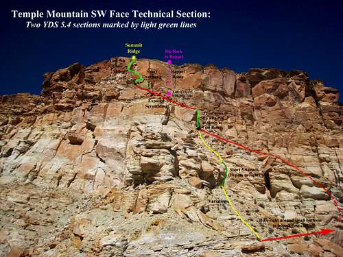 Temple Mountain SW Face route overlay